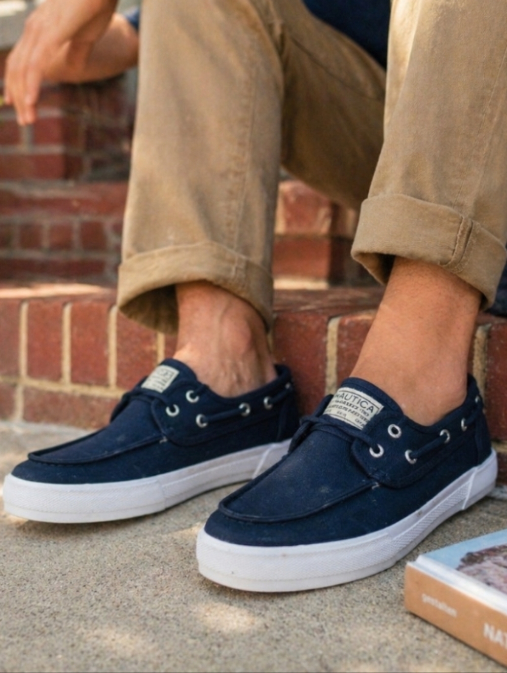 Nautica Men’s Boat Shoes Navy Canvas Deck Sneakers Size 7.5 Casual Lace-Up